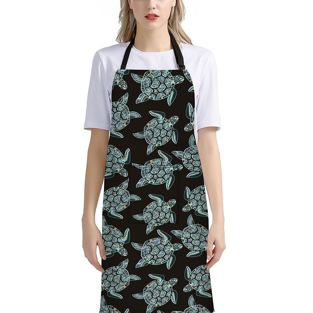 Blue And Black Sea Turtle Pattern Print Bib Apron With Pocket