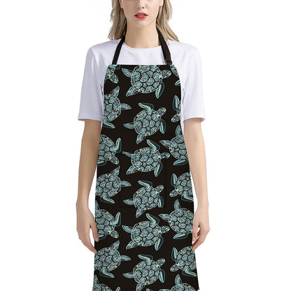 Blue And Black Sea Turtle Pattern Print Bib Apron With Pocket