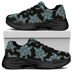 Blue And Black Sea Turtle Pattern Print Black Chunky Shoes