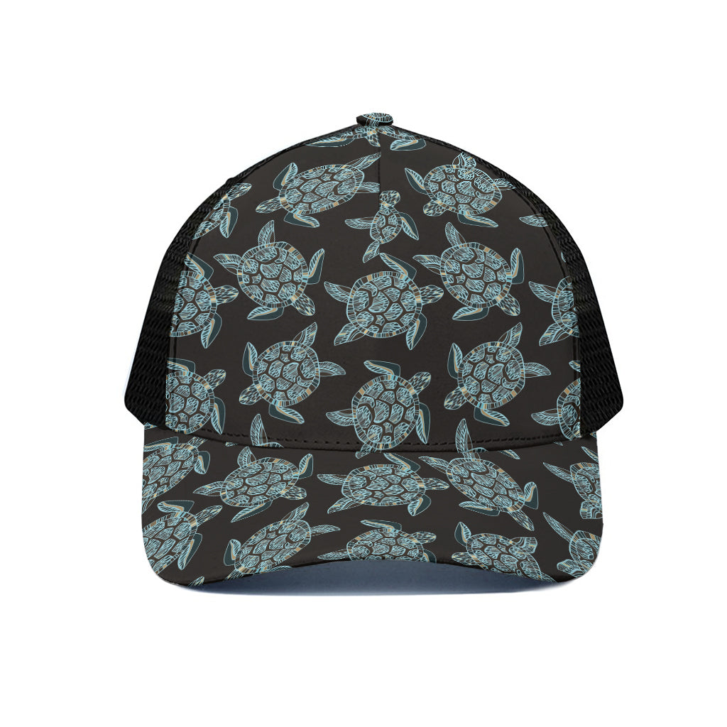 Blue And Black Sea Turtle Pattern Print Black Mesh Trucker Cap