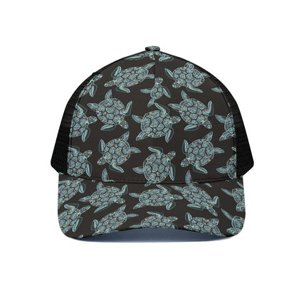 Blue And Black Sea Turtle Pattern Print Black Mesh Trucker Cap