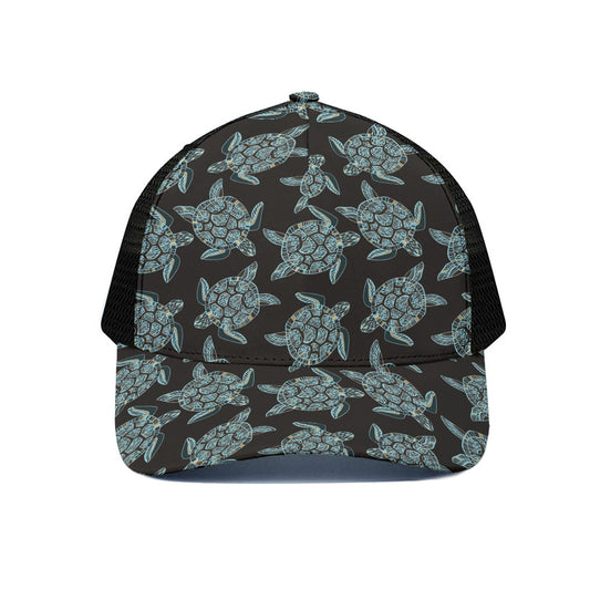 Blue And Black Sea Turtle Pattern Print Black Mesh Trucker Cap