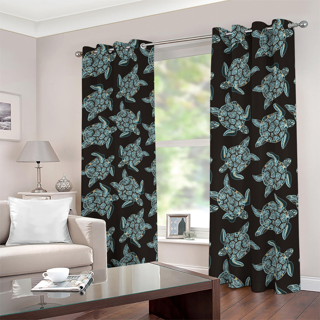 Blue And Black Sea Turtle Pattern Print Blackout Grommet Curtains