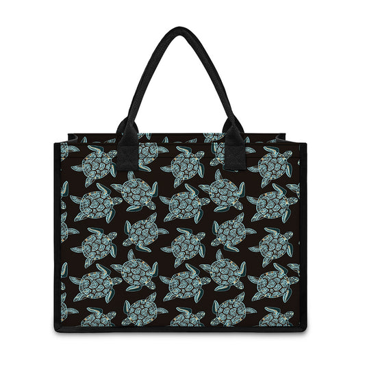 Blue And Black Sea Turtle Pattern Print Canvas Tote Bag