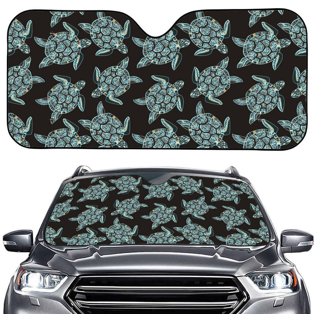 Blue And Black Sea Turtle Pattern Print Car Windshield Sun Shade