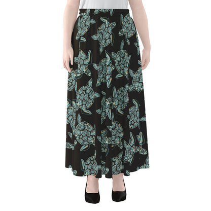 Blue And Black Sea Turtle Pattern Print Chiffon Maxi Skirt
