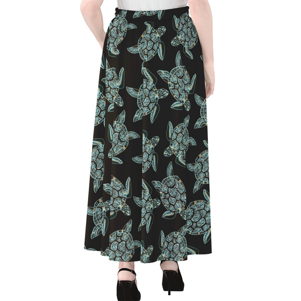 Blue And Black Sea Turtle Pattern Print Chiffon Maxi Skirt