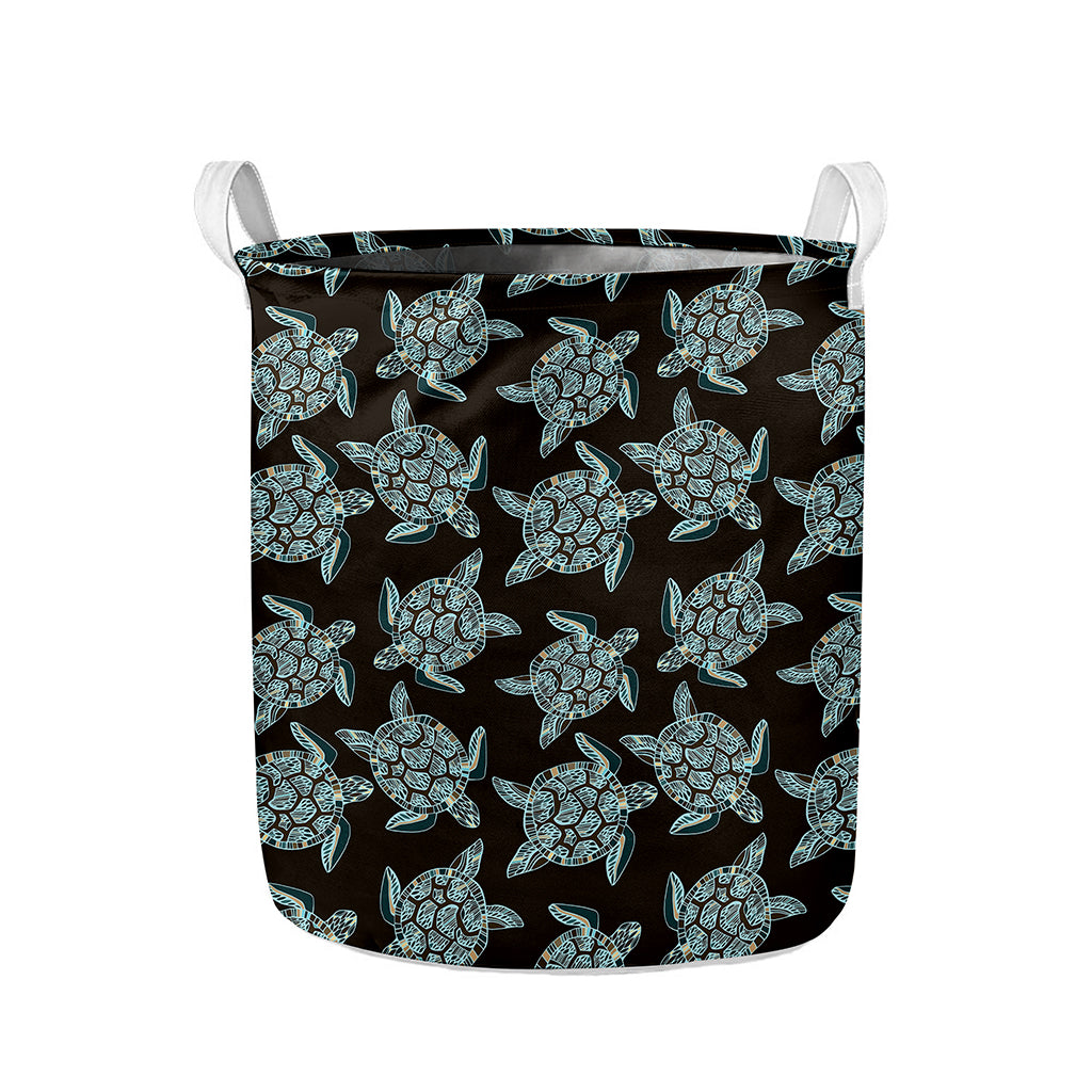 Blue And Black Sea Turtle Pattern Print Collapsible Laundry Basket