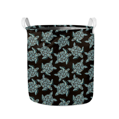 Blue And Black Sea Turtle Pattern Print Collapsible Laundry Basket