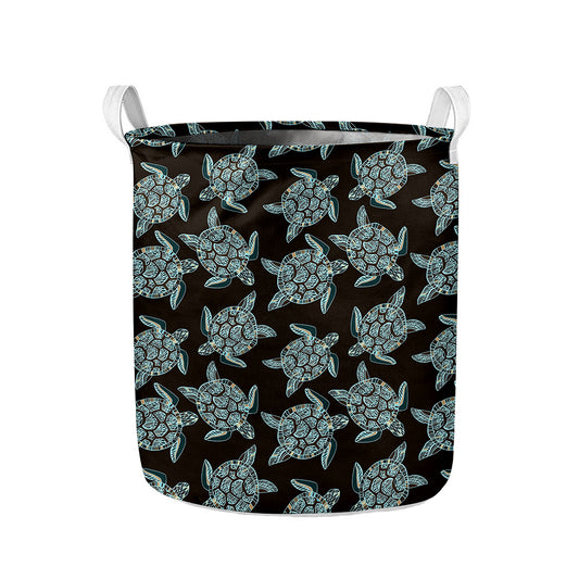Blue And Black Sea Turtle Pattern Print Collapsible Laundry Basket