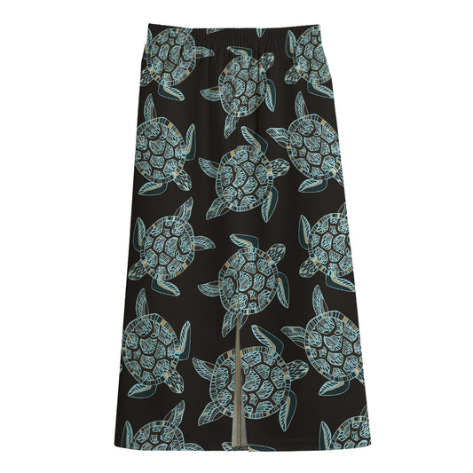 Blue And Black Sea Turtle Pattern Print Cotton Front Slit Maxi Skirt