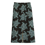 Blue And Black Sea Turtle Pattern Print Cotton Front Slit Maxi Skirt