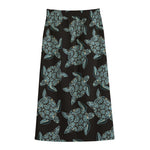 Blue And Black Sea Turtle Pattern Print Cotton Front Slit Maxi Skirt