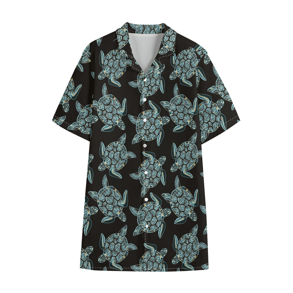 Blue And Black Sea Turtle Pattern Print Cotton Hawaiian Shirt