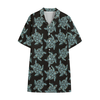 Blue And Black Sea Turtle Pattern Print Cotton Hawaiian Shirt