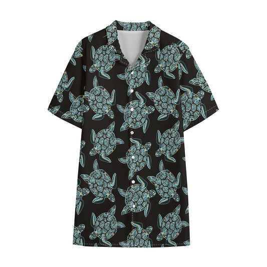 Blue And Black Sea Turtle Pattern Print Cotton Hawaiian Shirt