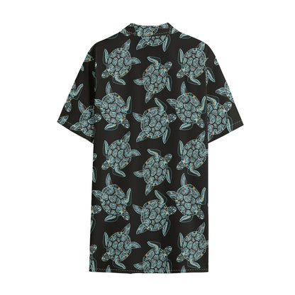 Blue And Black Sea Turtle Pattern Print Cotton Hawaiian Shirt
