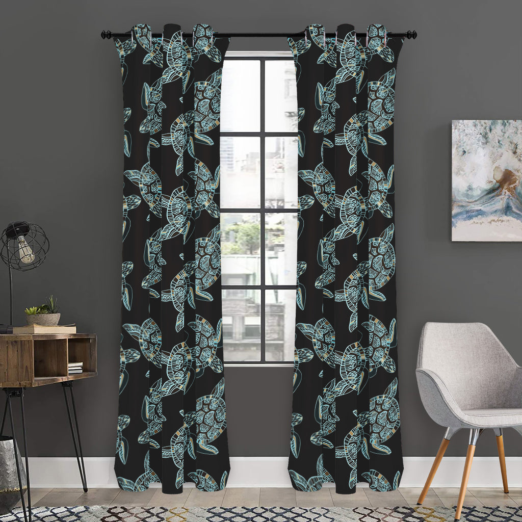 Blue And Black Sea Turtle Pattern Print Curtain