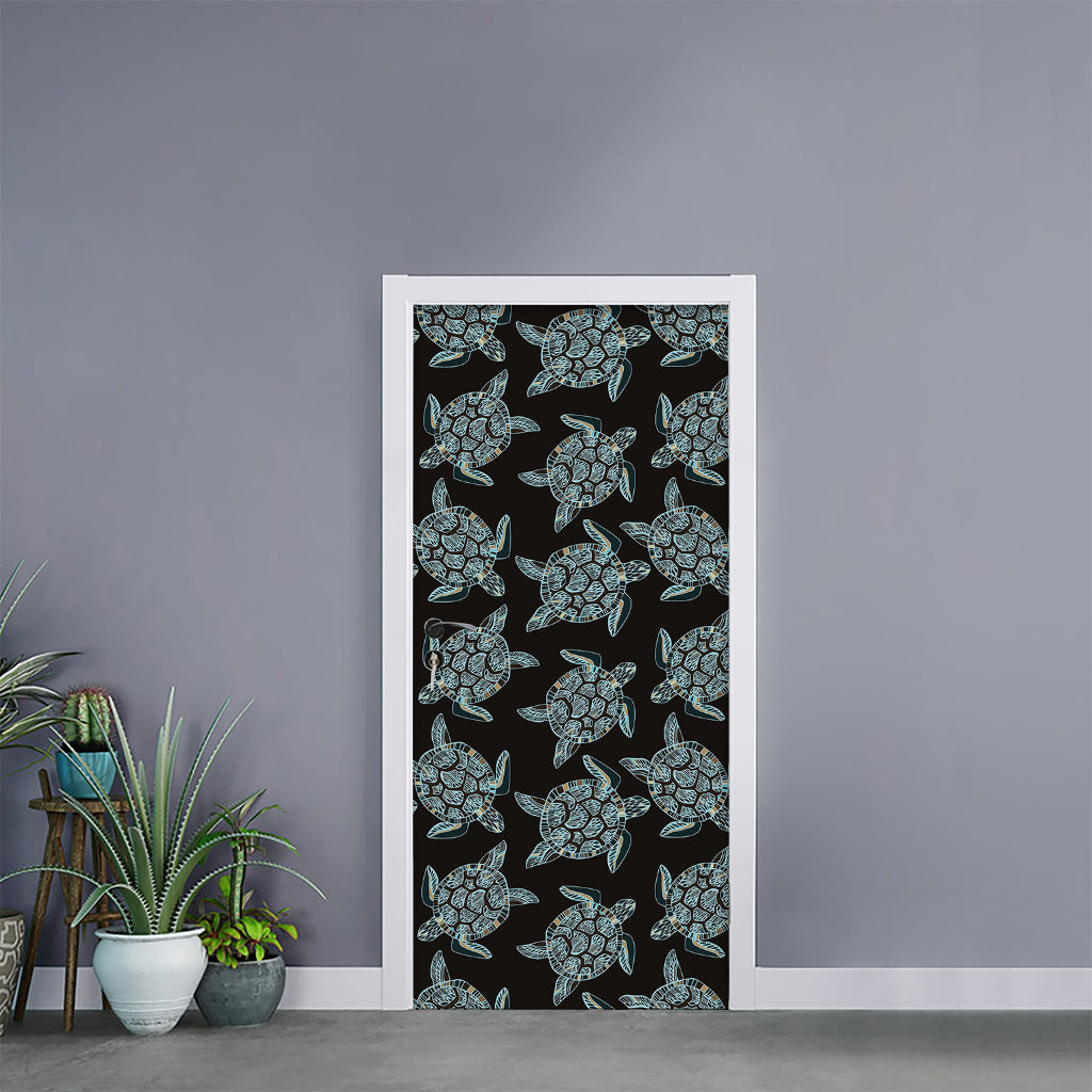 Blue And Black Sea Turtle Pattern Print Door Sticker