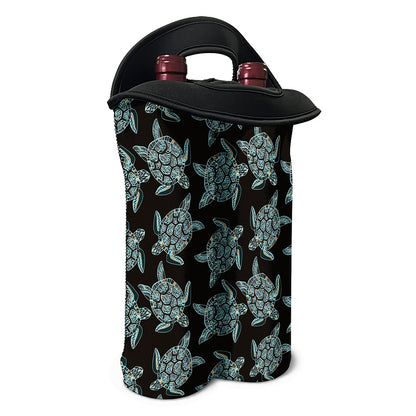 Blue And Black Sea Turtle Pattern Print Double Neoprene Wine Tote