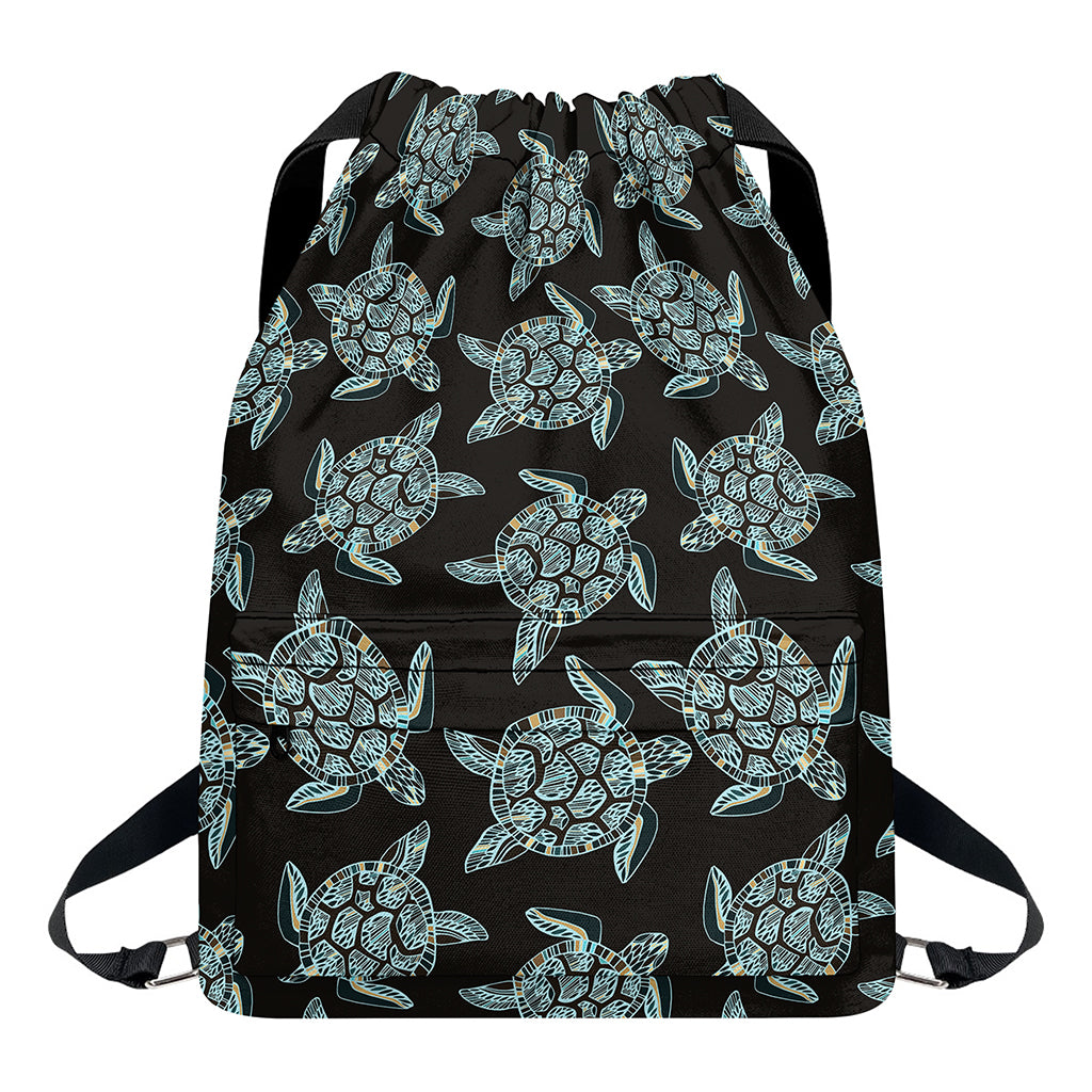 Blue And Black Sea Turtle Pattern Print Drawstring Backpack