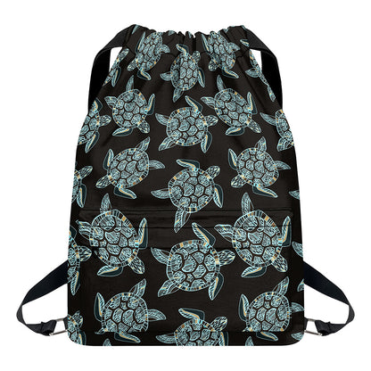 Blue And Black Sea Turtle Pattern Print Drawstring Backpack