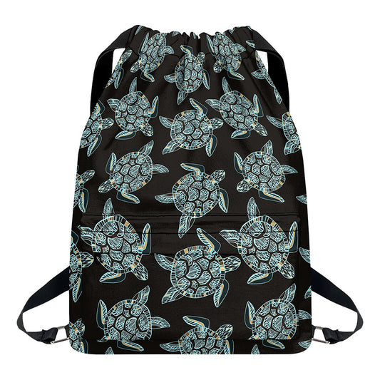 Blue And Black Sea Turtle Pattern Print Drawstring Backpack