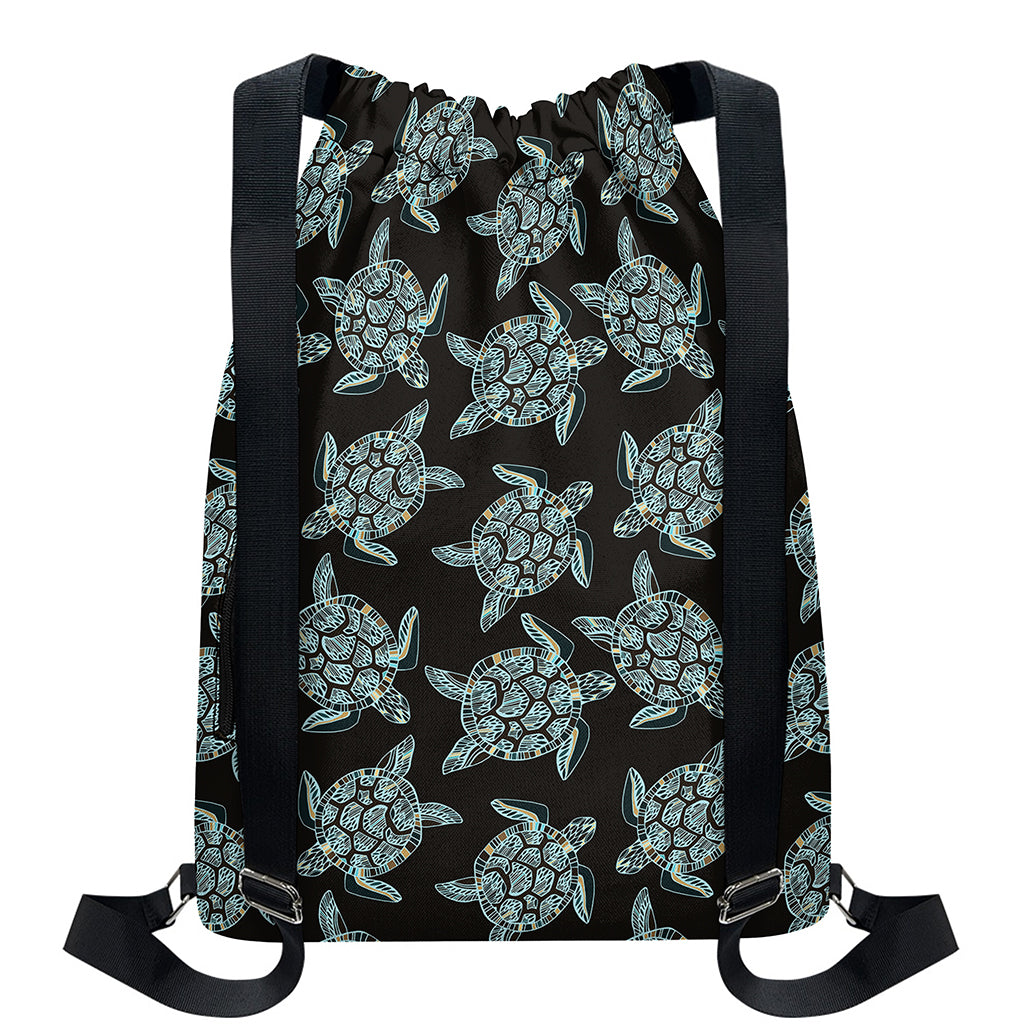 Blue And Black Sea Turtle Pattern Print Drawstring Backpack