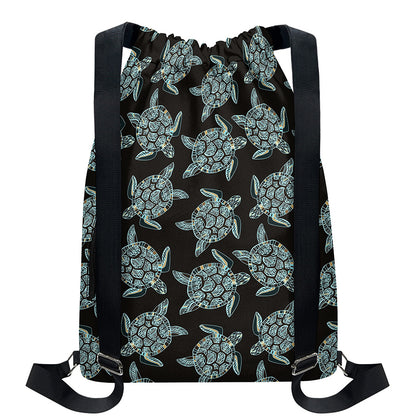 Blue And Black Sea Turtle Pattern Print Drawstring Backpack