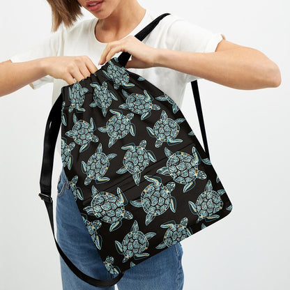 Blue And Black Sea Turtle Pattern Print Drawstring Backpack