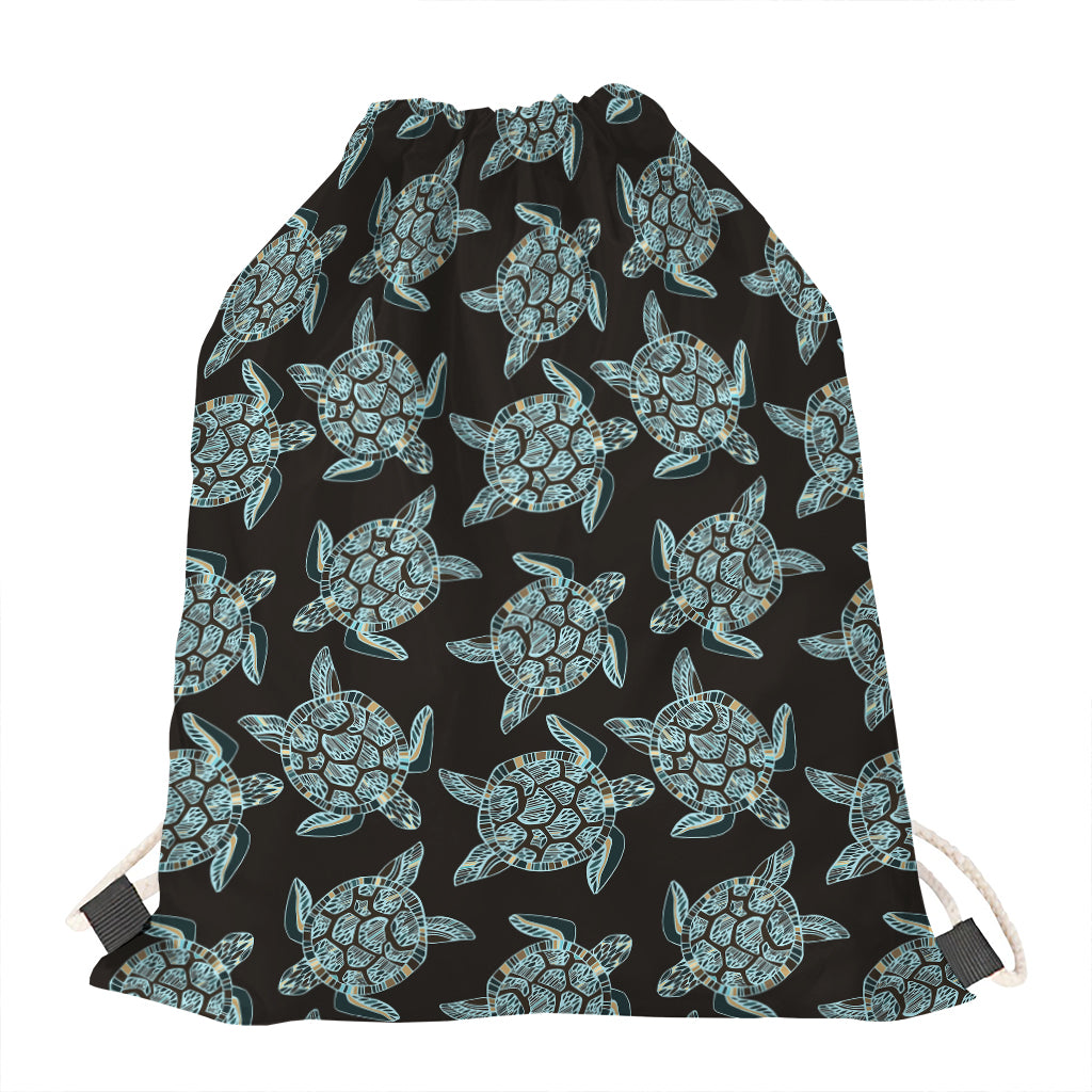 Blue And Black Sea Turtle Pattern Print Drawstring Bag