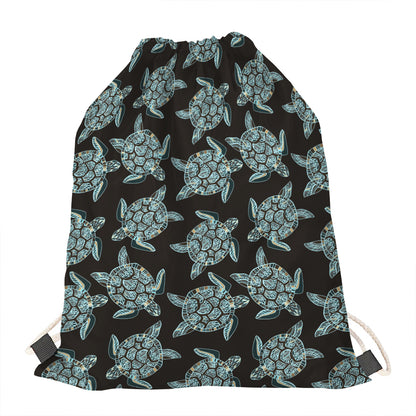 Blue And Black Sea Turtle Pattern Print Drawstring Bag