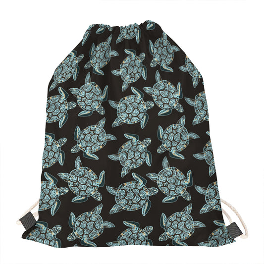 Blue And Black Sea Turtle Pattern Print Drawstring Bag