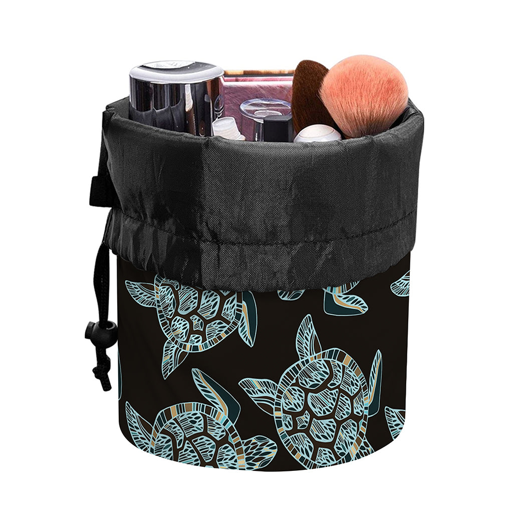 Blue And Black Sea Turtle Pattern Print Drawstring Makeup Bag