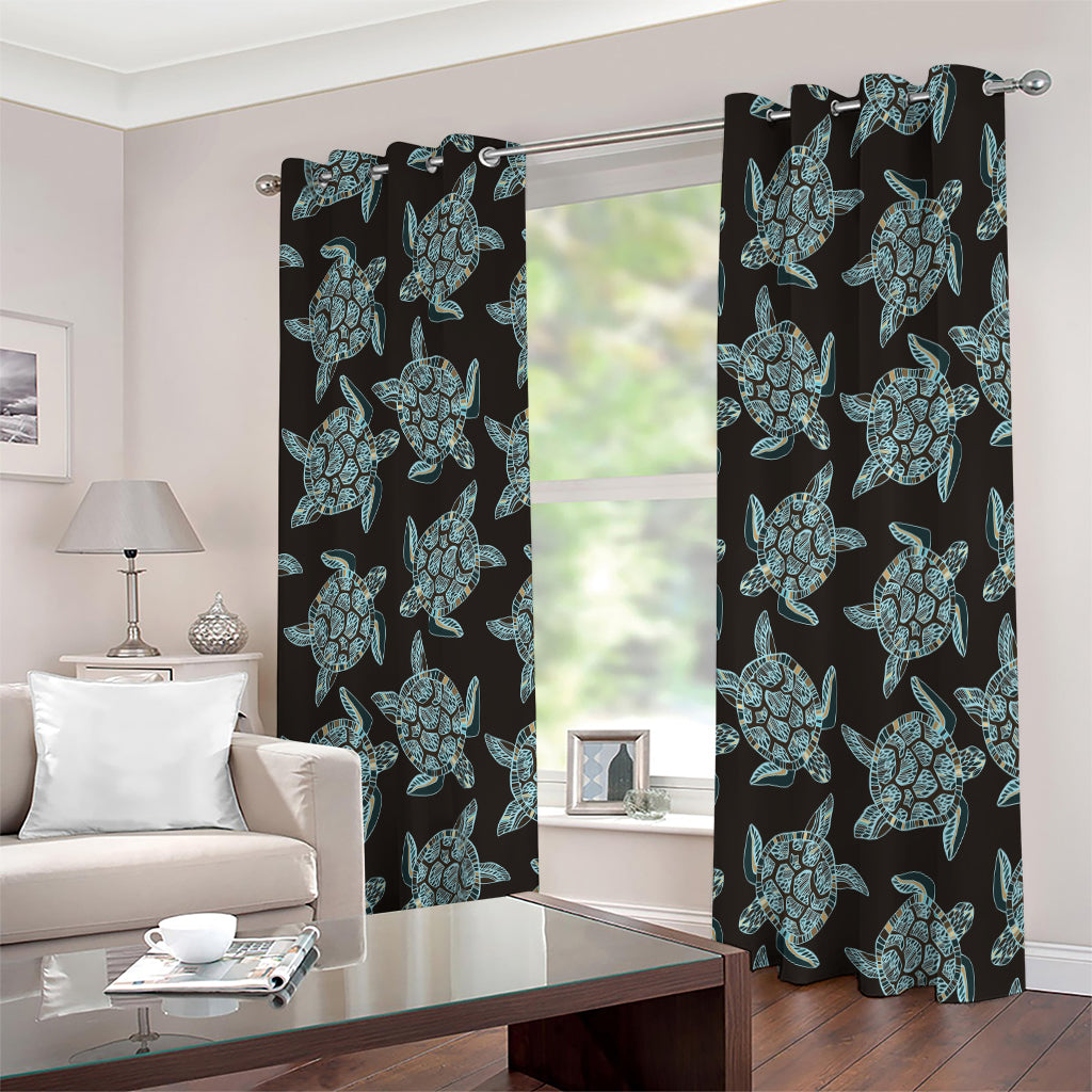 Blue And Black Sea Turtle Pattern Print Extra Wide Grommet Curtains