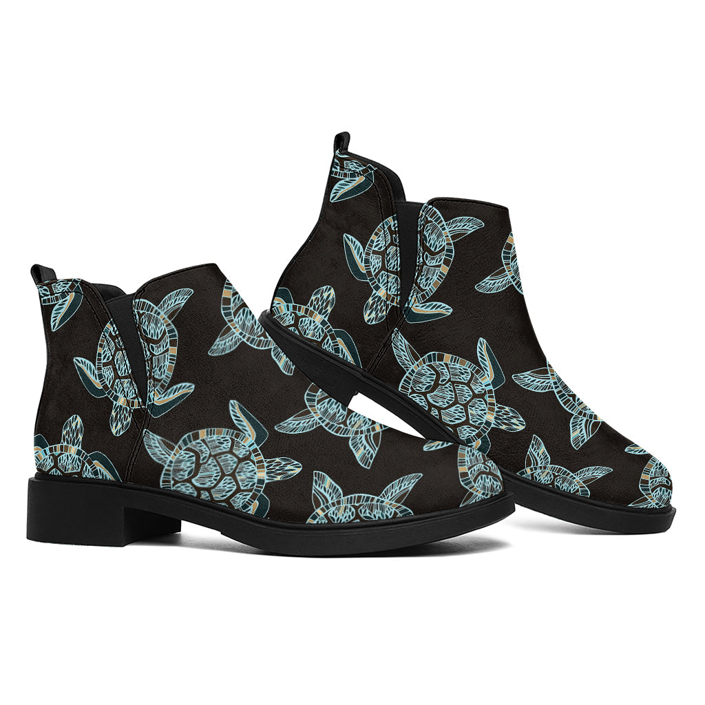 Blue And Black Sea Turtle Pattern Print Flat Ankle Boots