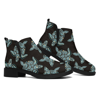 Blue And Black Sea Turtle Pattern Print Flat Ankle Boots