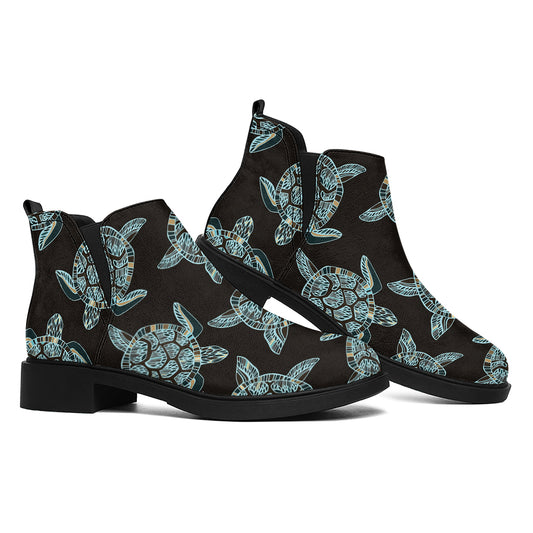 Blue And Black Sea Turtle Pattern Print Flat Ankle Boots