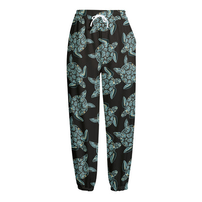 Blue And Black Sea Turtle Pattern Print Fleece Lined Knit Pants