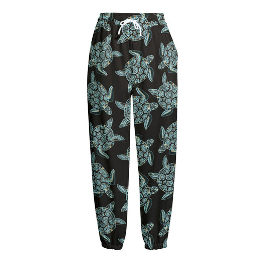 Blue And Black Sea Turtle Pattern Print Fleece Lined Knit Pants