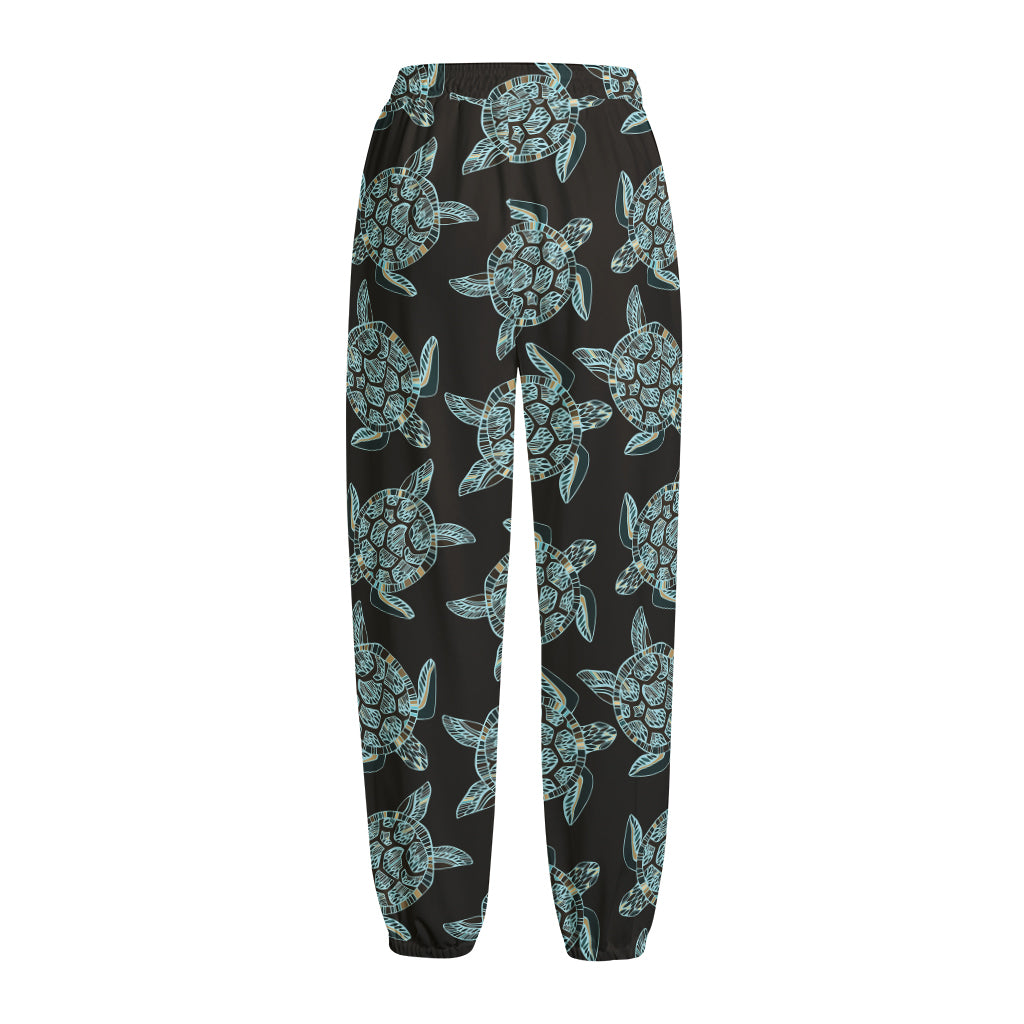 Blue And Black Sea Turtle Pattern Print Fleece Lined Knit Pants