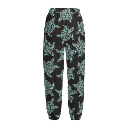 Blue And Black Sea Turtle Pattern Print Fleece Lined Knit Pants