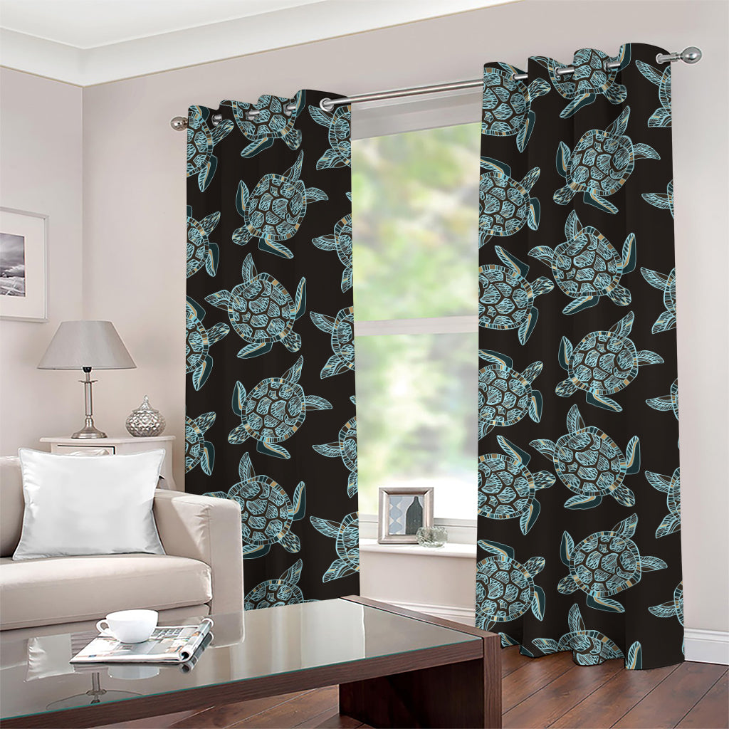 Blue And Black Sea Turtle Pattern Print Grommet Curtains