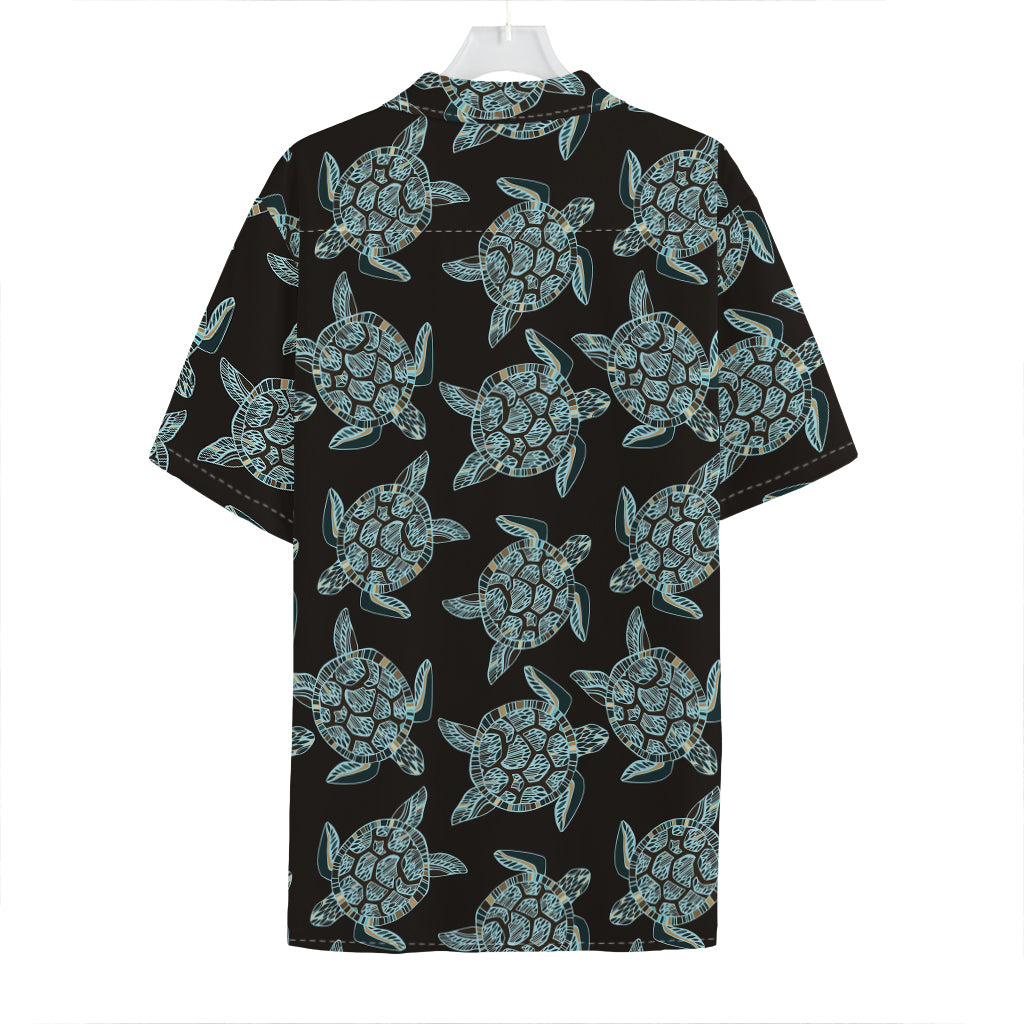 Blue And Black Sea Turtle Pattern Print Hawaiian Shirt