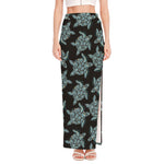 Blue And Black Sea Turtle Pattern Print High Slit Maxi Skirt