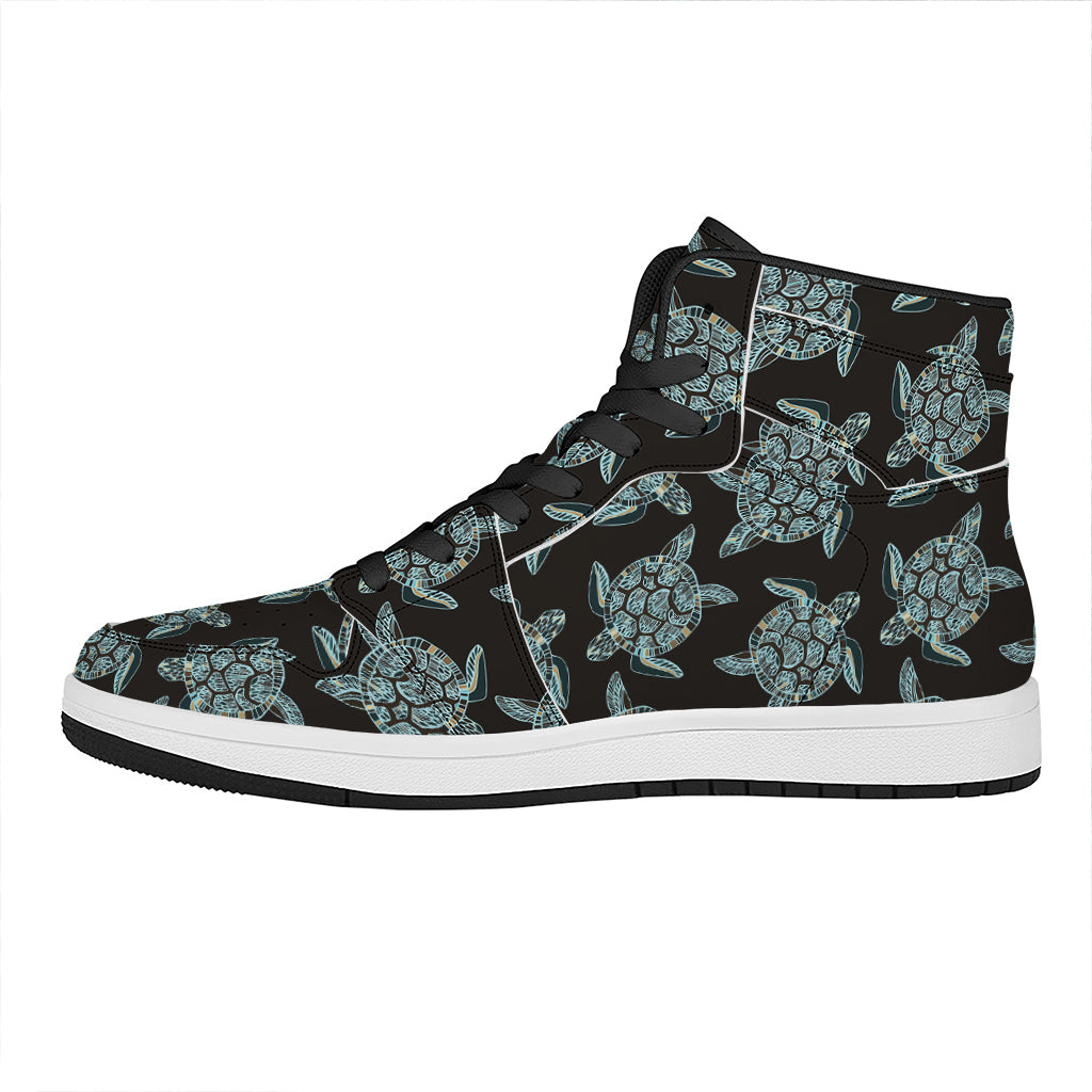 Blue And Black Sea Turtle Pattern Print High Top Leather Sneakers