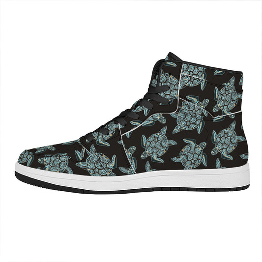Blue And Black Sea Turtle Pattern Print High Top Leather Sneakers