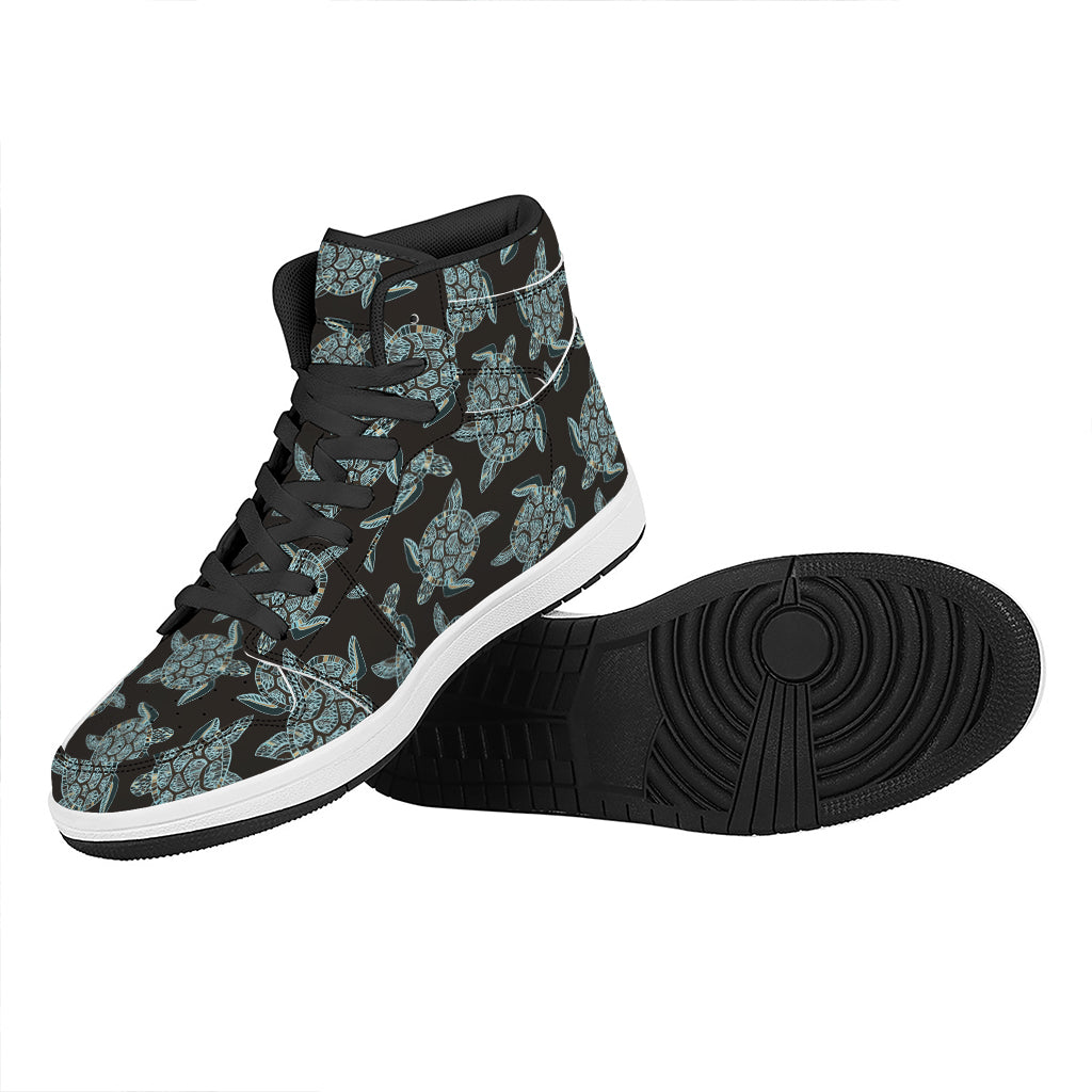 Blue And Black Sea Turtle Pattern Print High Top Leather Sneakers