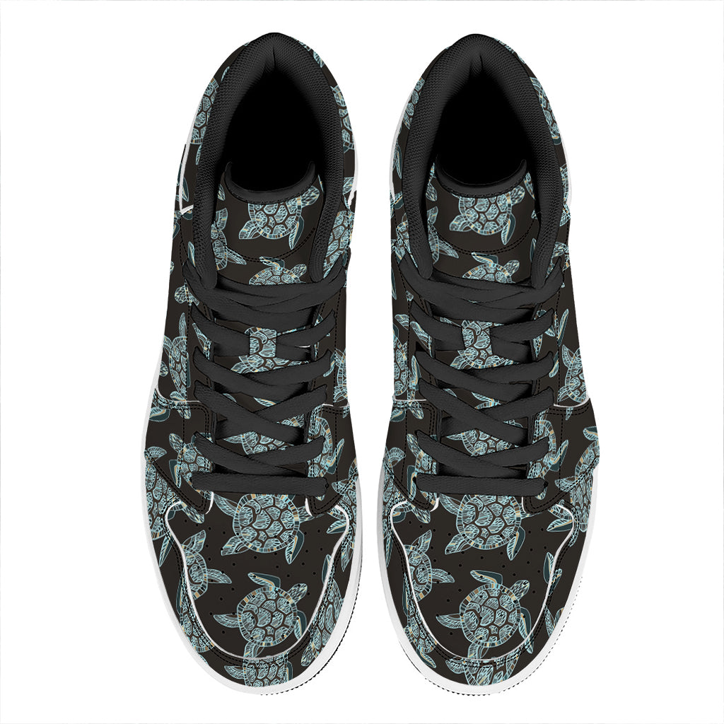 Blue And Black Sea Turtle Pattern Print High Top Leather Sneakers