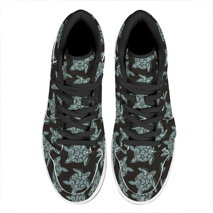 Blue And Black Sea Turtle Pattern Print High Top Leather Sneakers